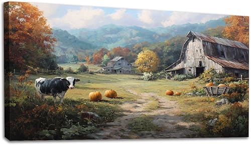 Miniatura 50 de 24"x 48" Fall Canvas Wall Art Highland Cow Rustic Vintage Forest Landscape Farmhouse Autumn Framed Pictures Painting Print Large Wall Art for Living