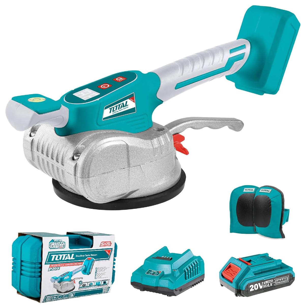 TOTAL - Ventosa Vibradora para Azulejos - Maquina para Instalación de Baldosas - 10000 rpm - Diámetro de 125mm - Batería Cargador y Rodilleras - Succión 50kg