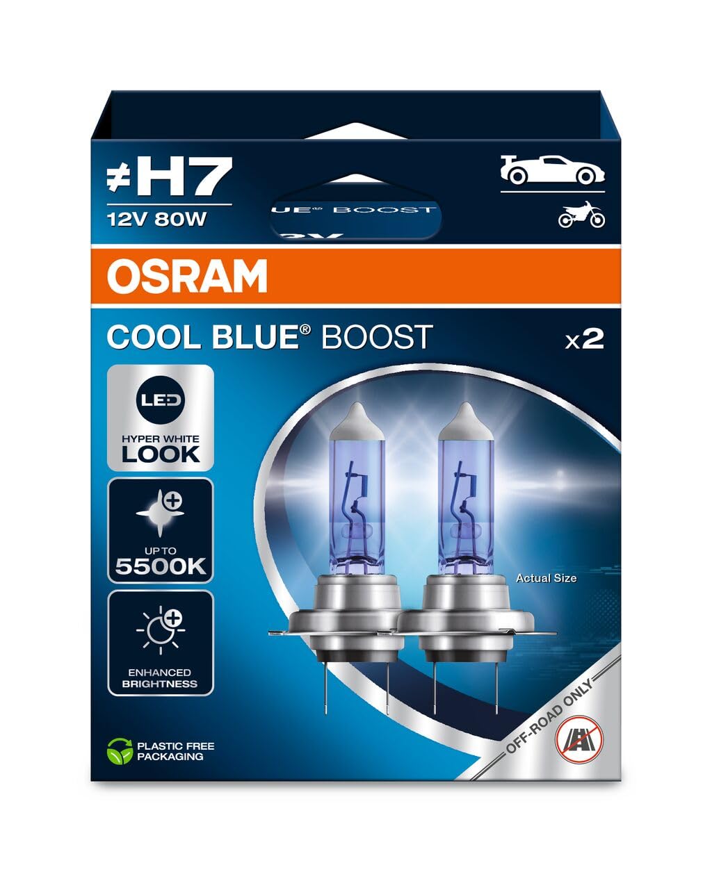 OSRAM COOL BLUE BOOST, H7, reflektory halogenowe, do 5500 K, składane pudełko wiszące (2 lampy), tylko do użytku terenowego