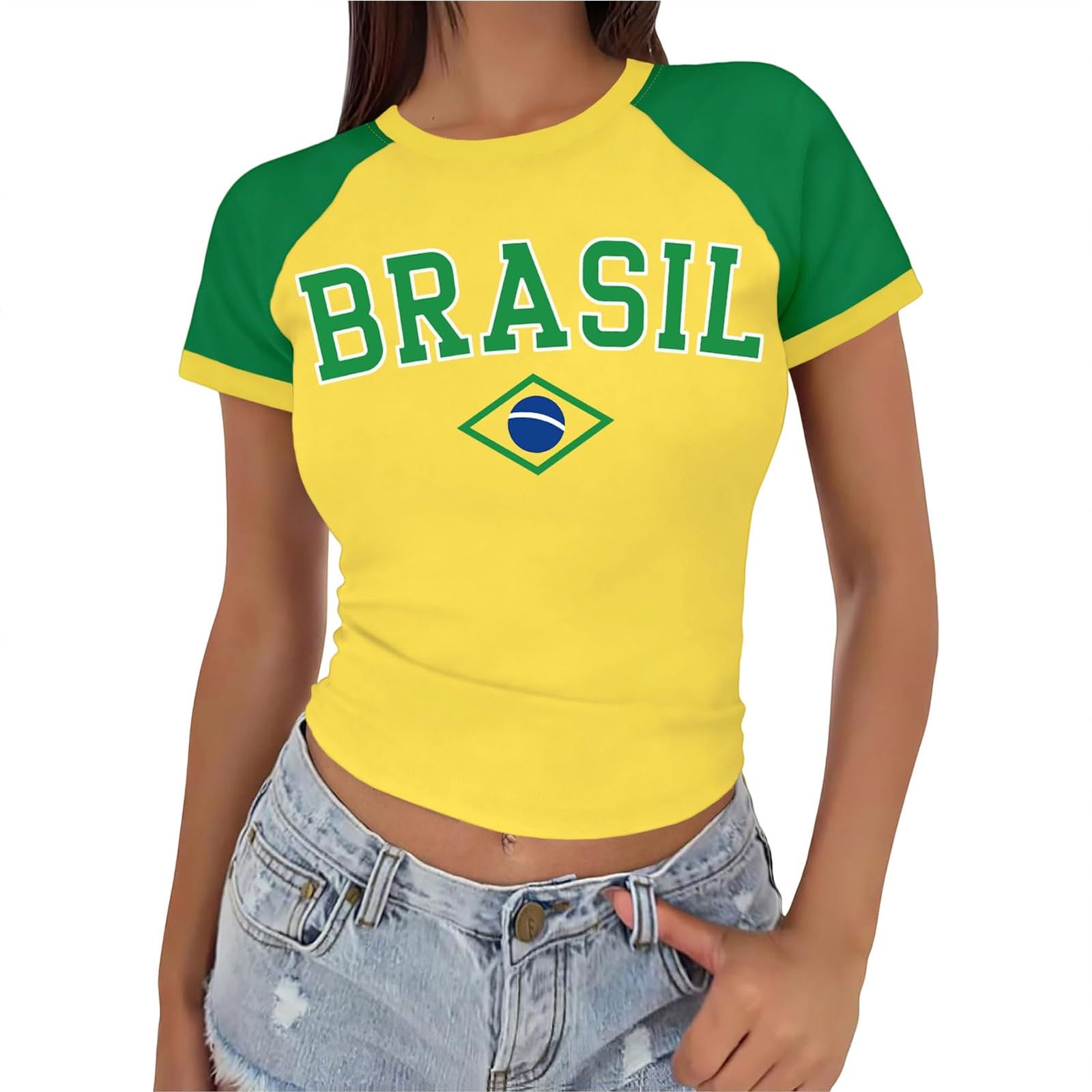 Baby Tee Women Brasil Crop Top Country Flag Y2k Tshirt Jersey Vintage Summer Going Out Tops S Green
