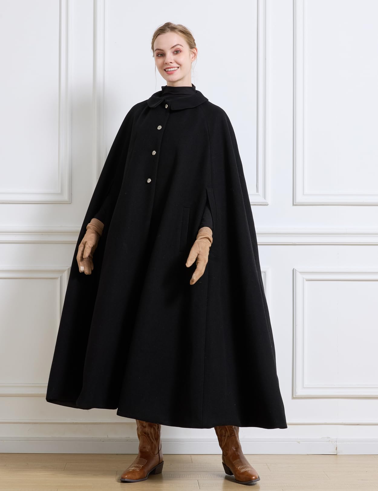 BEAUTELICATE Mantello Cappotto Donna Lungo in Lana Misto Vintage Mantello Ampio Caldo Poncho Cape per Sera Matrimonio Quotidiano Inverno Autunno con Tasche a Bottone Blu 128 cm