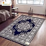 Purav Light Home Decor Cotton Carpets for Living Room 5x7 feet Multi-Use Flower Design Carpet Mats (Blue Colour)