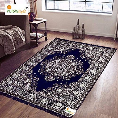 Home Decor Cotton Carpets for Living Room 5x7 feet Multi-Use Flower Design Carpet Mats (Blue Colour)