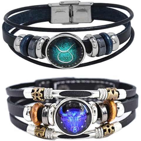 2Pcs Multilayer Constellation Zodiac Leather Bracelet Handmade Woven Zodiac Sign Wrap Bracelet Wristband for Women Men Jewelry Birthday Gift