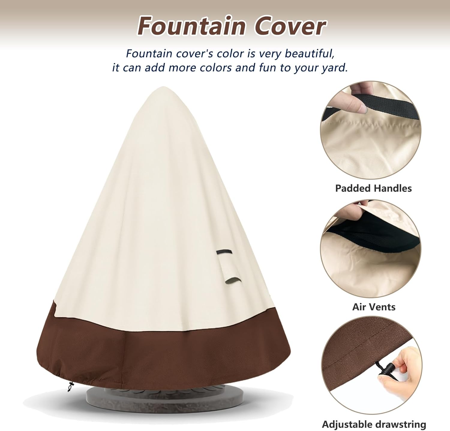 TACOMA Fountain Cover 42" Dia x 61" H,Outdoor 600D Heavy Duty Garden Fountains Statue Protective Cover with Drawstring,Waterproof Windproof Fountain Protector Covers for Winter(Beige & Brown)