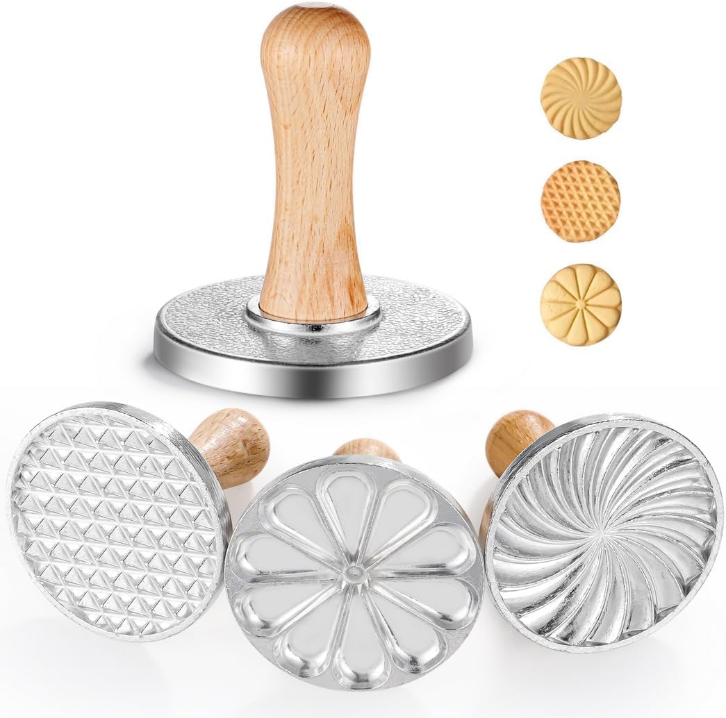 3 Piece Metal Cookie Press Set 3.1 Inch Biscuit Molds with Wooden Handles Zinc Alloy Embossing Tools for Baking and Decorating