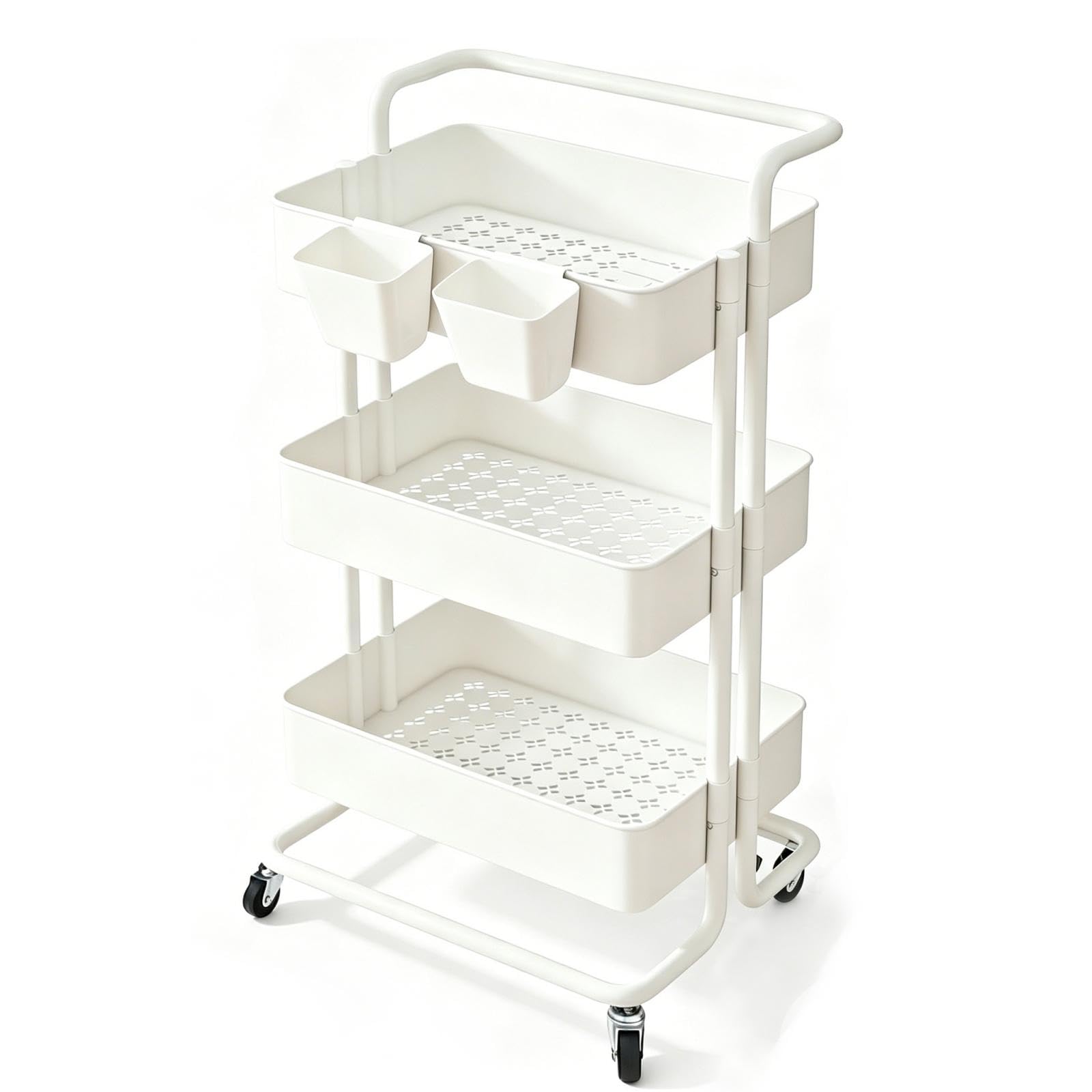 Carrello Cucina a 3 Ripiani, Carrello con Ruote Portatutto Cucina, Carrellino Salvaspazio, Carrello Portaoggetti con 2 Scatole, Supporto in Metallo e Cestino Plastica, 39x36x80cm, Bianco