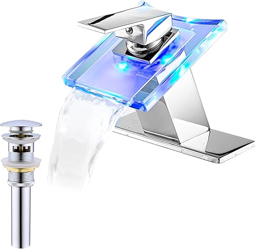 Grifo de cascada de baño Caño de cristal LED cromado con tapón de drenaje de desbordamiento de una sola manija, un agujero, diseño moderno, grifo de