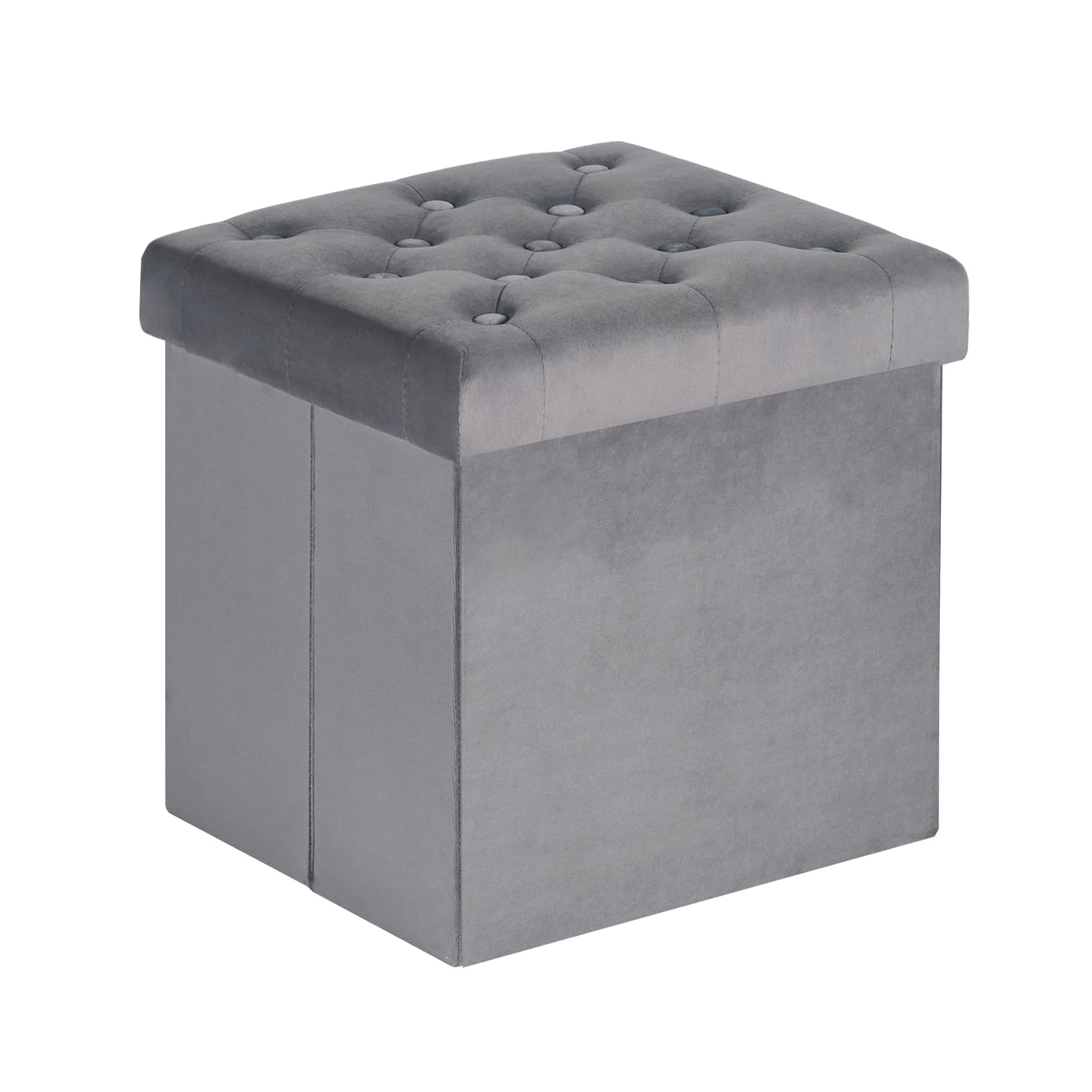 B FSOBEIIALEO Storage Ottoman Cube, Velvet Tufted Folding Ottomans with Lid, Footstool Rest Padded Seat for Bedroom (Grey, Medium)