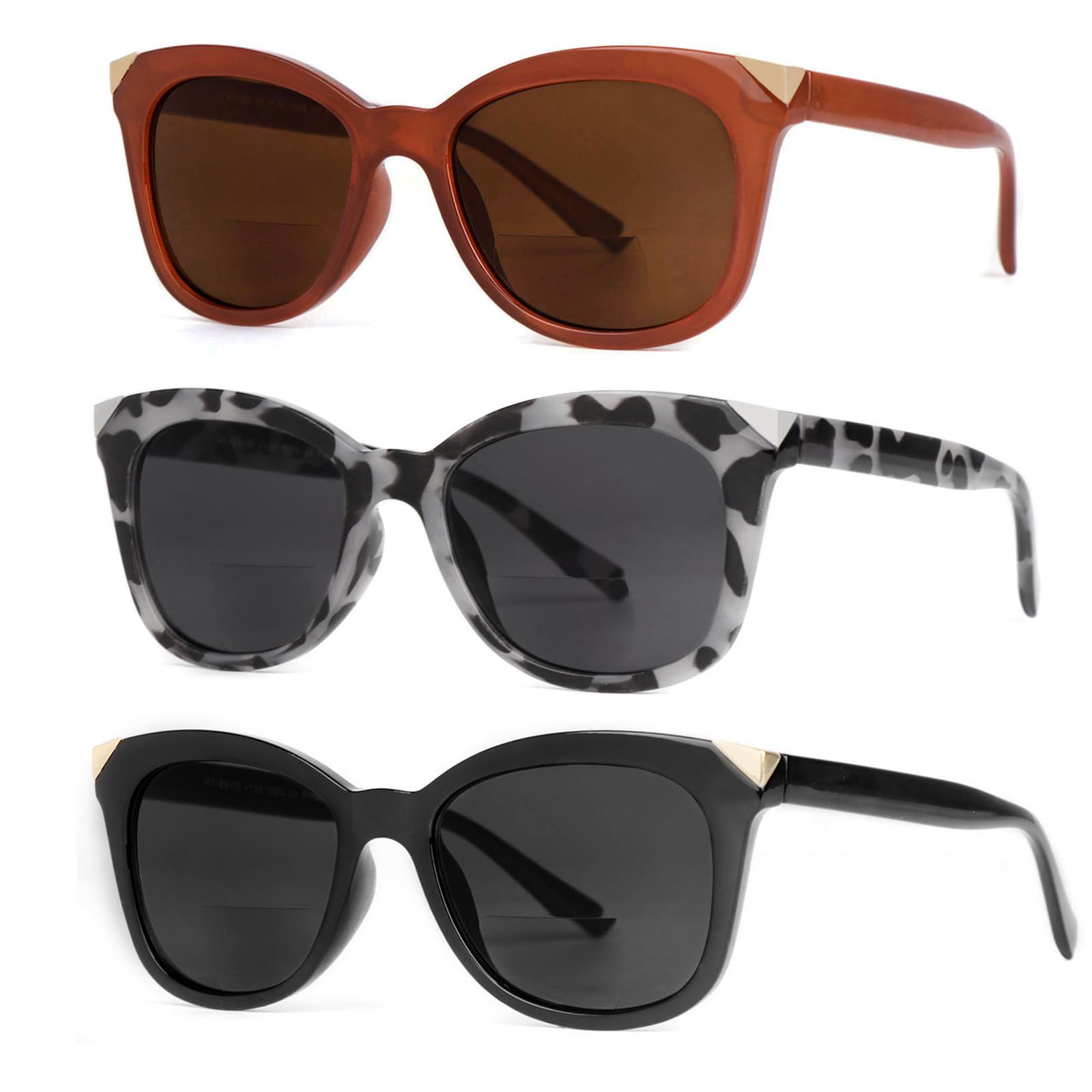 HyyiyunBifocal Sunglasses for Women Nearly Invisable Line Readers,3 Pack Retro Cateye Reading Sunglasses