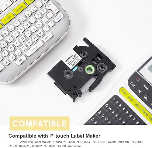 Miniatura 2 de Cinta laminada de repuesto para Brother P-Touch TZe de 0.472in, 0.47 pulgadas, compatible con Brother P Touch Label Maker PT-D210 D220 H110