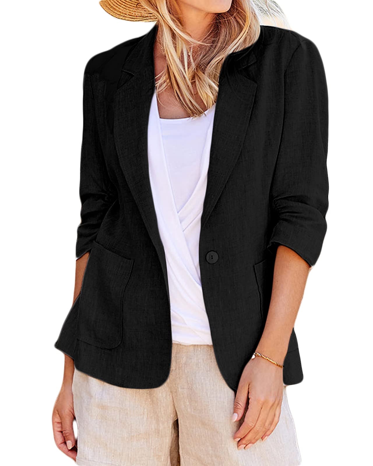 Mina Self2024 Summer Linen Blazer Women 3/4 Stretchy Ruched Sleeve Fully Lined Lightweight Breathable Casual Work Jacket