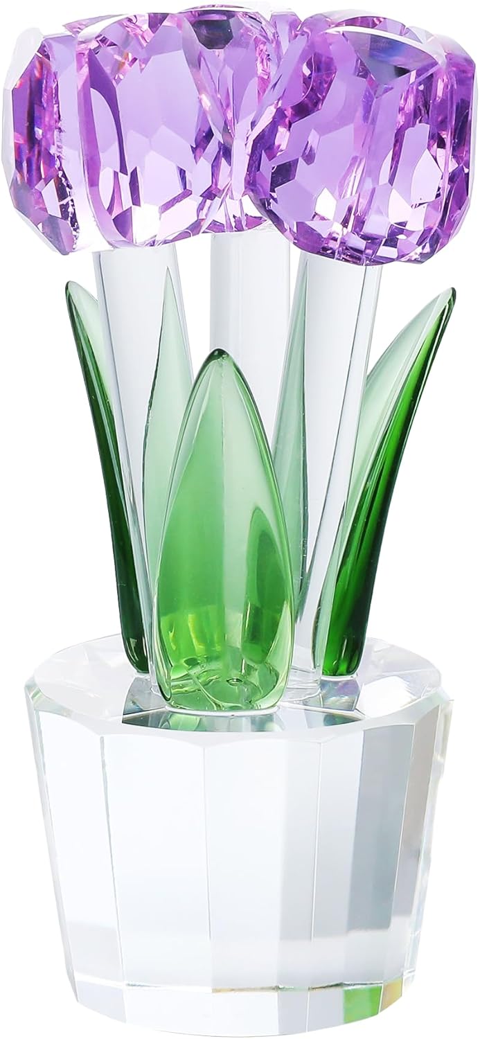 YWHL Handmade Crystal Tulips Flower, Tulips Gifts for Women Glass Bouquet Collectible Figurines Home Decor Ornaments Gift Ideas for Anniversary Mother's Day