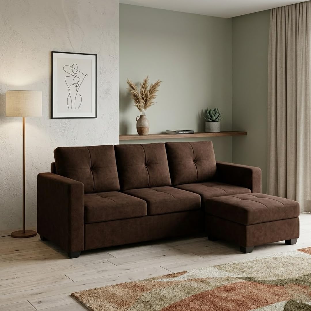 FURNY Haylie 4 Seater L Shape Sofa Set with Movable Ottoman | Flexible Left or Right Layout | Plush Velvet Fabric (Dark Brown) | Perfect for Living Room, Guest Room & Office