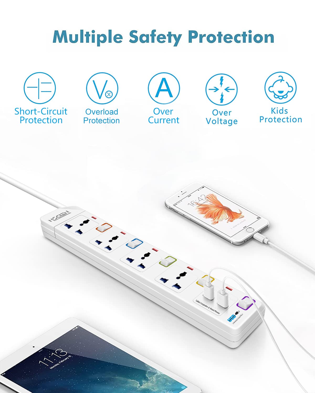 3M 4 Way Extension Lead with 2 USB, Mscien Plug Extension with 5 Independent Switch Power Strip - Image 2