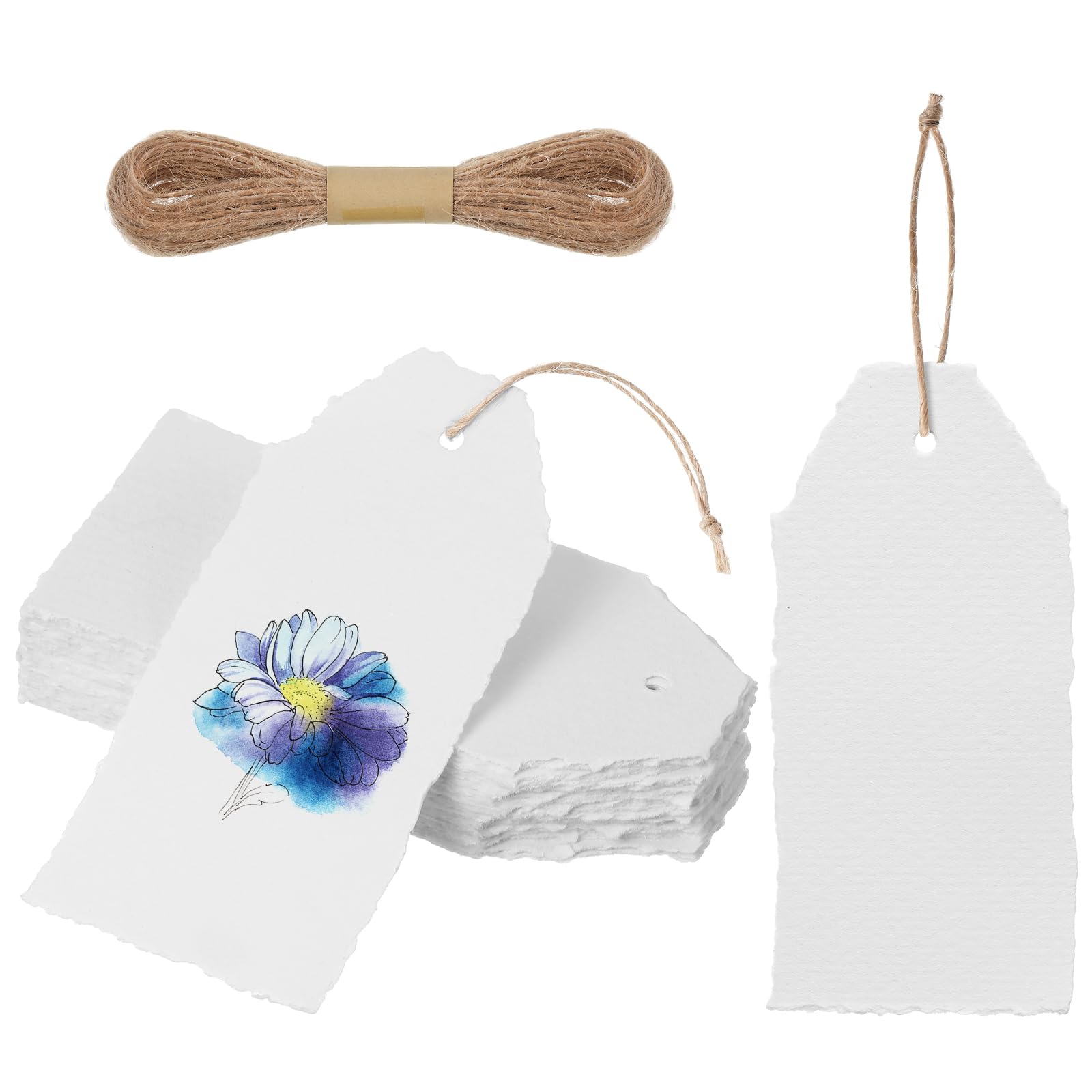 Feifeiya 50 Pack Handmade Vintage Deckle Edge Tags with String 3.75 x 1.75 Thick 160 GSM Cotton Gift Tags for Valentine's Day Birthday Party Arts