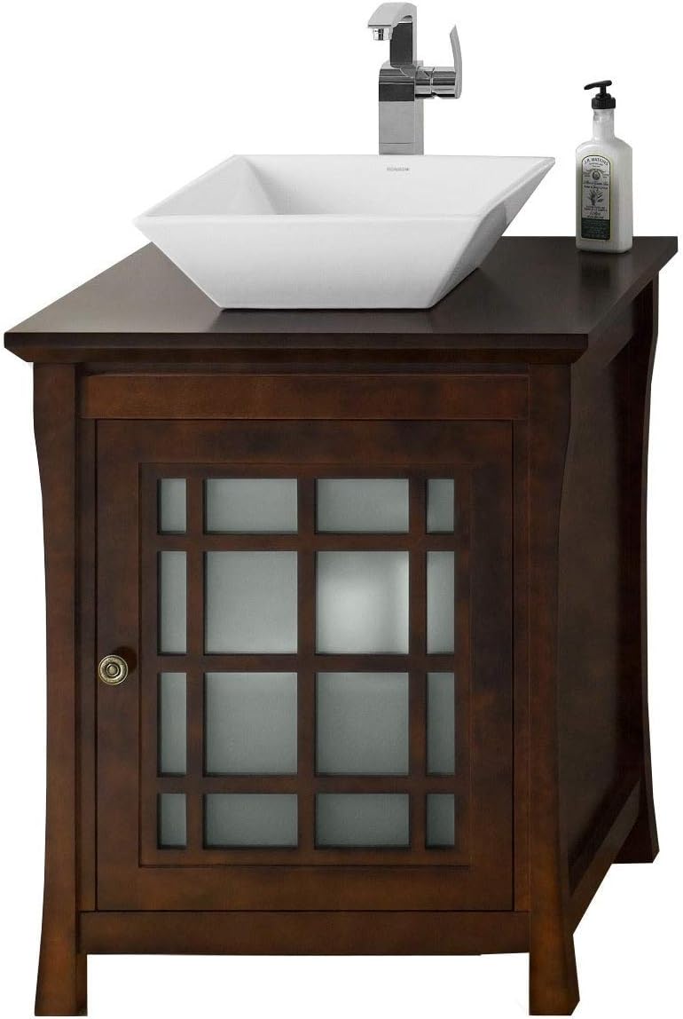 RONBOW Shoji 27 inch Bathroom Vanity Set in Vintage Walnut, Bathroom Vanity with Top with Single Faucet Hole in Solid Wood Finish and Cabinet Shelf, White Ceramic Vessel Sink 040425-F07_Kit_2