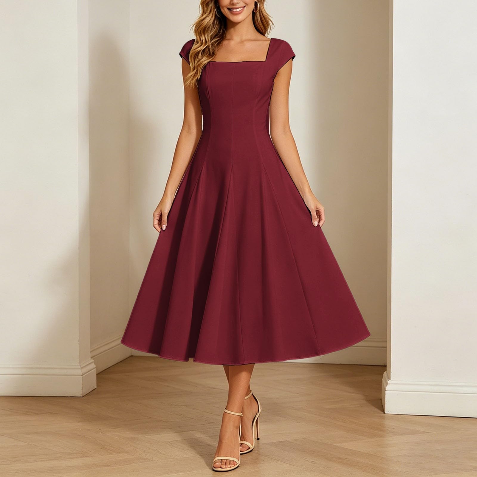 Abito estivo da donna lungo sciancrato, elegante, lunghezza al ginocchio, abito estivo lungo, scollo quadrato, vita alta, maniche a sbuffo, lunghezza al ginocchio, leggero e arioso
