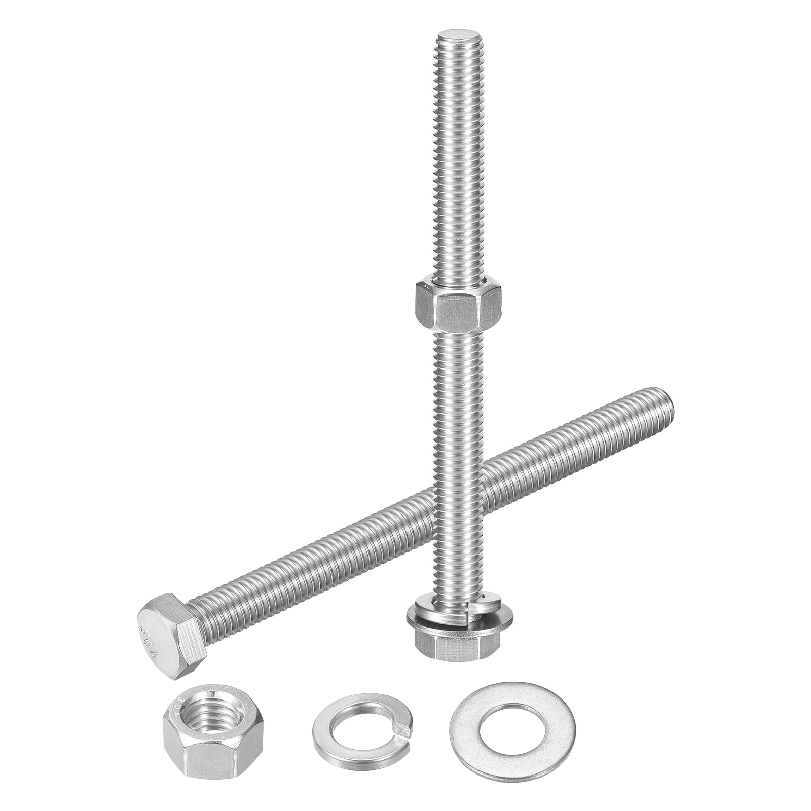 uxcell 5Set Hex Head Screw Bolt, 1/2-13 x 6 304 Stainless Steel Fully Threaded Screw Bolt with Nuts, Flat & Lock Washers, Silver