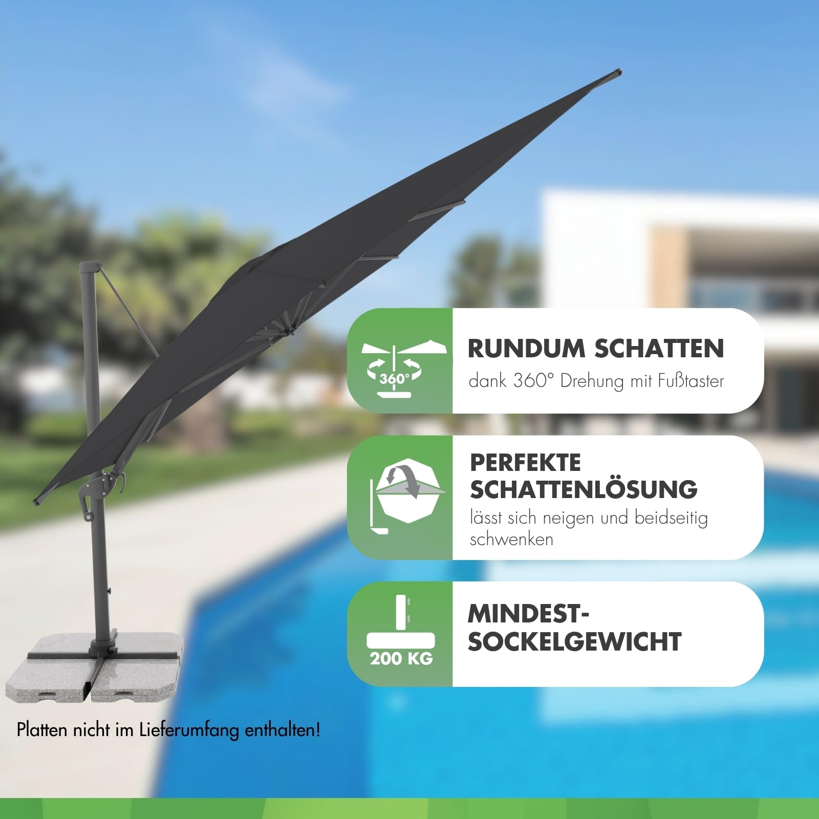 Doppler Pendelschirm Jack 300x400cm, Anthrazit, mit Kurbel, UV-Schutz 50+ | Rechteckiger Gartenschirm, Alu-Gestell, schrägstellbar, beidseitig schwenkbar & 360° drehbar, inkl. Standkreuz