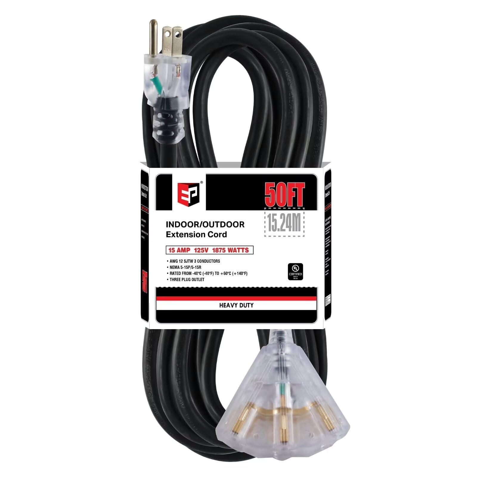 EP 50 Ft Lighted Outdoor Extension Cord with 3 Electrical Power Outlets - 12/3 SJTW Heavy Duty Black Extension Cable with 3 Prong Grounded Plug for