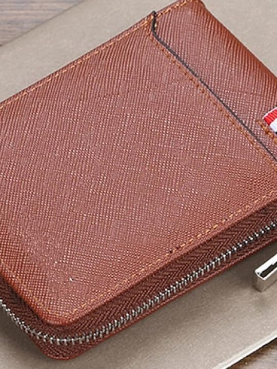 Image of Compact RFID Protected Card Wallet with Expandable Slots Zipper Closure and Currency Pocket (Brown)