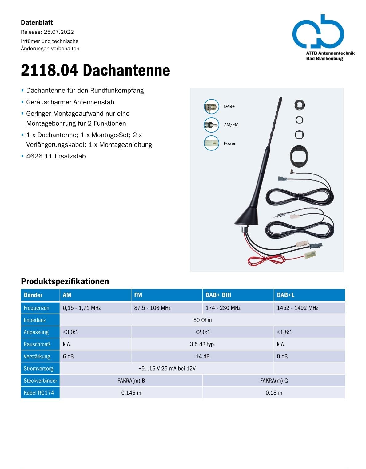 ATTB 2118.04 Zestaw Anteny Dachowej (AM, FM, DAB+), Technika Bad Blankenburg dla Optymalnego Odbioru Radiowego, Szybki Montaż