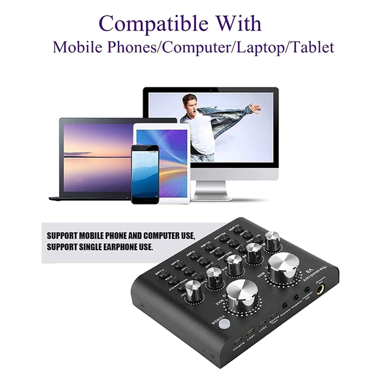 Mixer Audio Professionale, Scheda Audio V8 Live con Effetti e Cambia Voce, Dispositivo Mixer Audio Bluetooth per Streaming Live, Registrazione Musicale