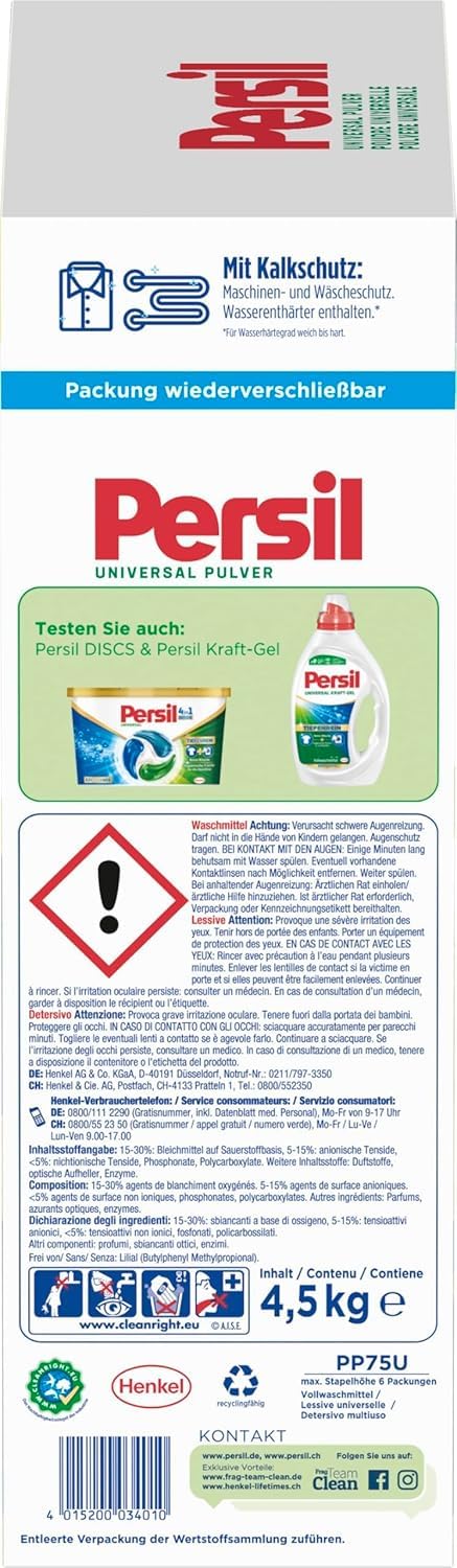 Persil Polvo universal de limpieza profunda (75 lavados), detergente completo para ropa pura y frescura higiénica para la máquina, eficaz de 20 °C a 95 °C