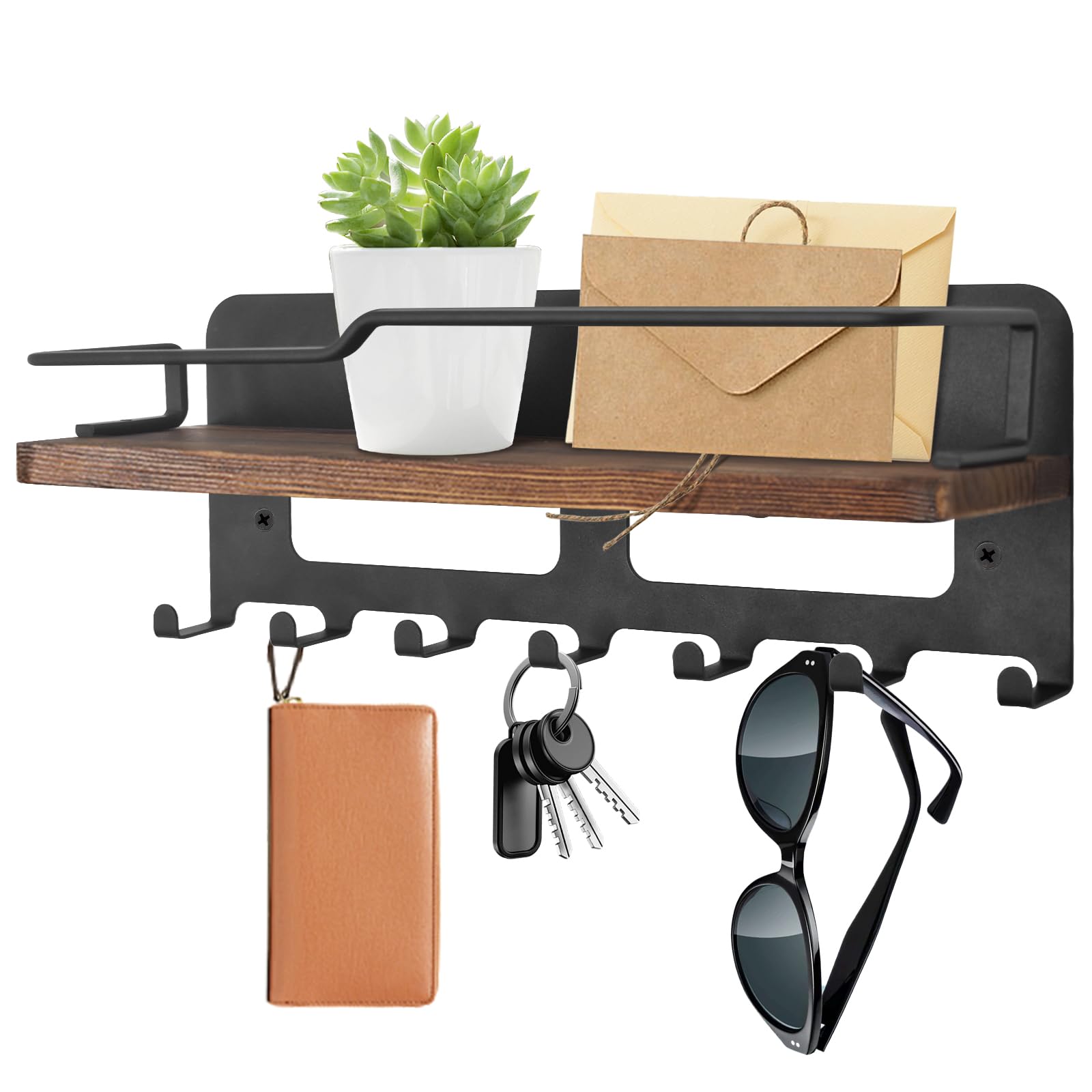 Yiomxhi Colgador Llaves Pared con Estante y 7 Ganchos, Portallaves Cuelga Llaves de Madera, Organizador Llaves Soporte Cartas, Llavero para Entrada, Cocina, Oficina (Negro)