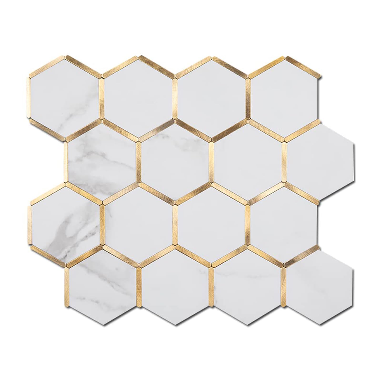 Hexagon Peel and Stick Backsplash Tile for Kitchen Bathroom Wall, White Marble Stone Look PVC with Gold Metal Self-Adhesive Mosaic Tiles (5 Sheets)