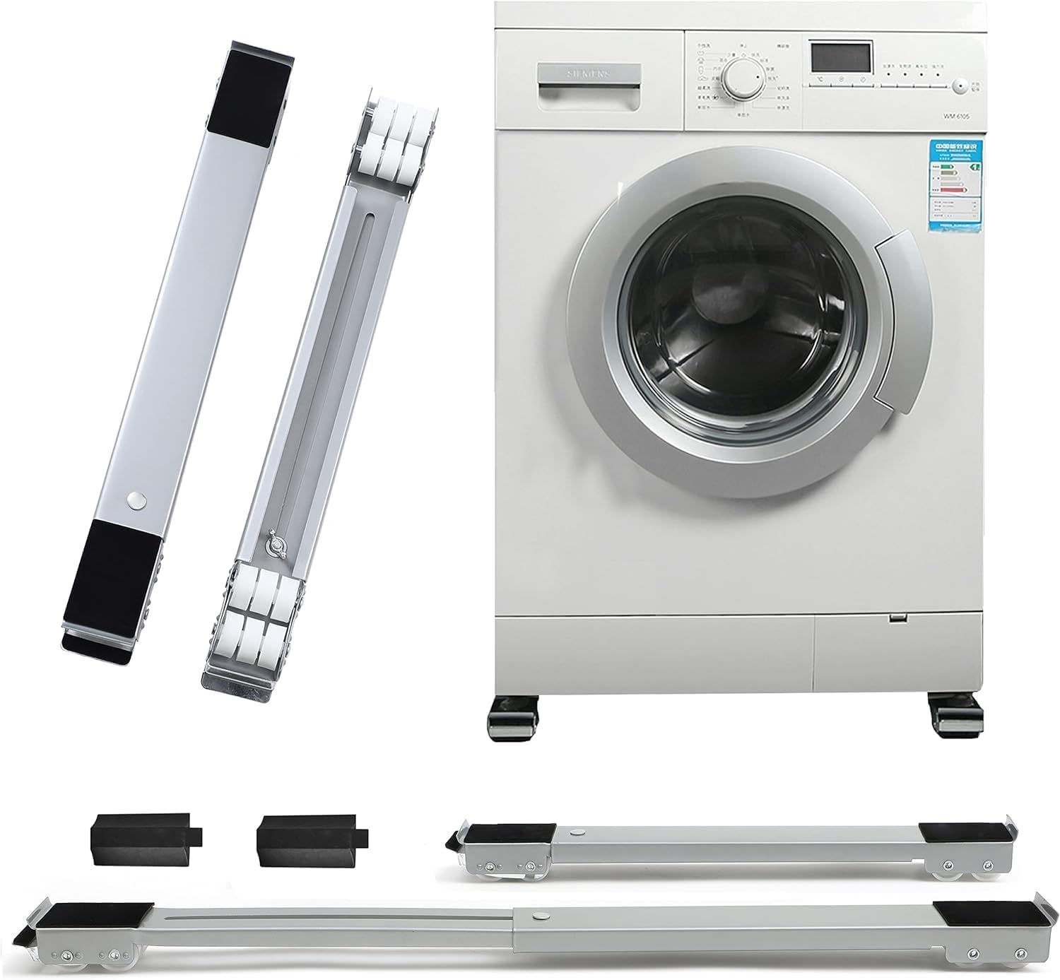 Adjustable Appliance Roller Stand Rails with Wheels and Brake for Washing Machine and Refrigerator Base Support (2 Piece Metal Rail Set) Multi Colour