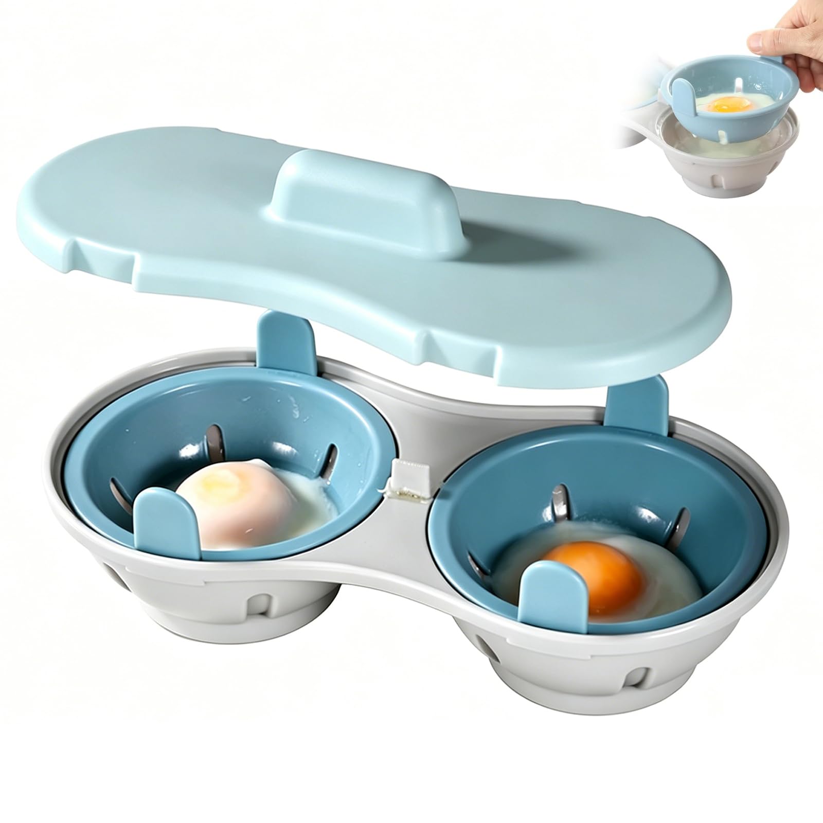 Egg Poacher Microwave Egg Cooker, 2 Cavity Silicone Double Drain Poached Egg Cups, Silicone Egg Poacher for Quick Breakfast Preparation, Microwave Kitchen Cooking Gadgets(Light Blu)