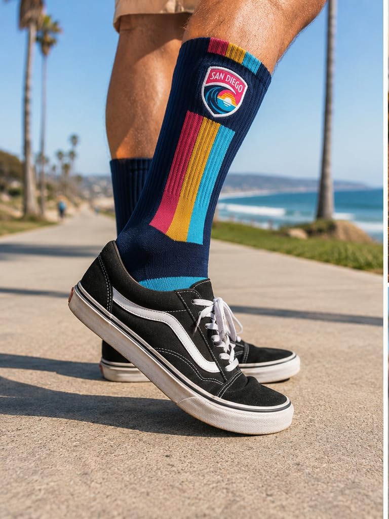 Hyp San Diego Wave FC Crew Socks – Unisex Athletic Crew Socks with Arch Support & Cushioned Comfort, Navy Multi-Color Stripe