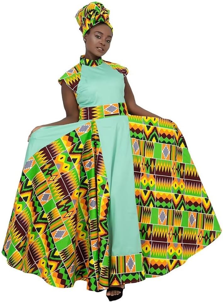 ABCWAX African Dresses for Women Long Skirt Traditional Ankara Kente Print Casual with Scarf