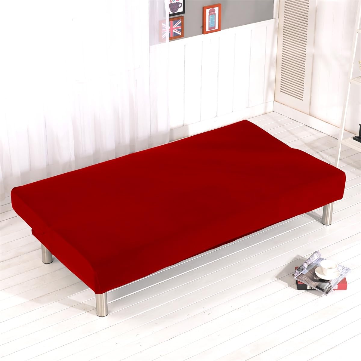 Solid Colour Armless Sofa Bed Cover Polyester Spandex Stretch Futon Slipcover 3 Seater Elastic Full Folding Couch Cover fits Folding Sofa Bed Without Armrests 80" x 50" in (Red)