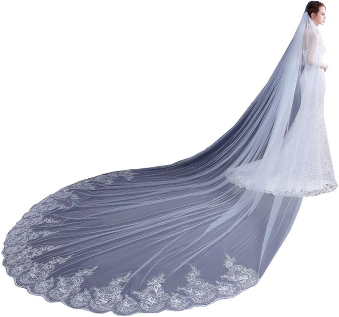U-Hotmi Women Cathedral Wedding Veil Long Bridal Veil Lace Sequins Edge with Metal Comb