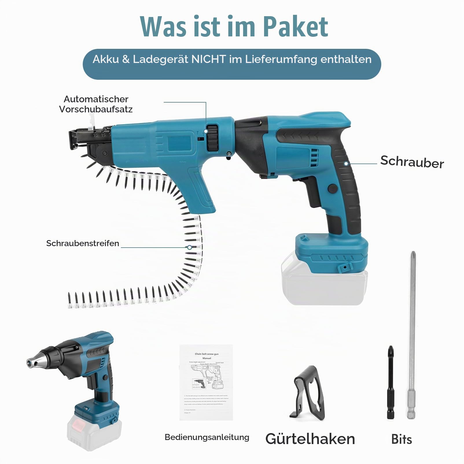 Akku Trockenbauschrauber mit Magazinaufsatz, Magazinschrauber | mit automatischer Schraubenzuführung, Kompatibel mit Makita 21V Akku, für 15-55 mm Schrauben in Trockenbau, Holz und Metall