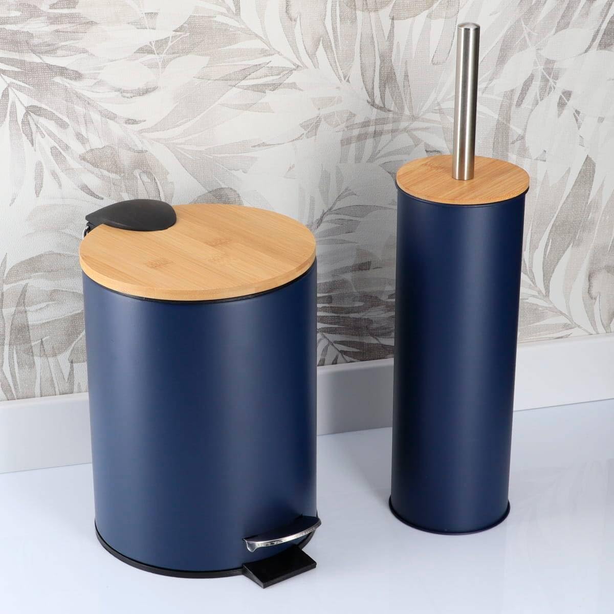 Navy Blue Metal Toilet Brush and Holder Set with Bamboo Lid, Modern Bathroom Accessory Set for Deep Cleaning, Compact Design, Durable Bristles, Easy Grip Handle, Splash Guard, Steel Finish