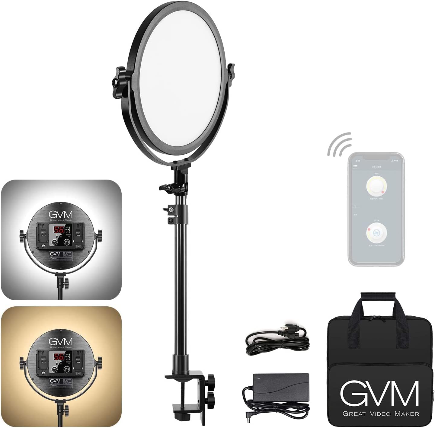 - GVM Desk Mount LED Video Light, 10'' Round Key Light with Built-in Diffuser and LCD Display, Bi-Color Professional Light for Game/Studio/Streaming/YouTube Video Shooting, APP Control CRI 97+