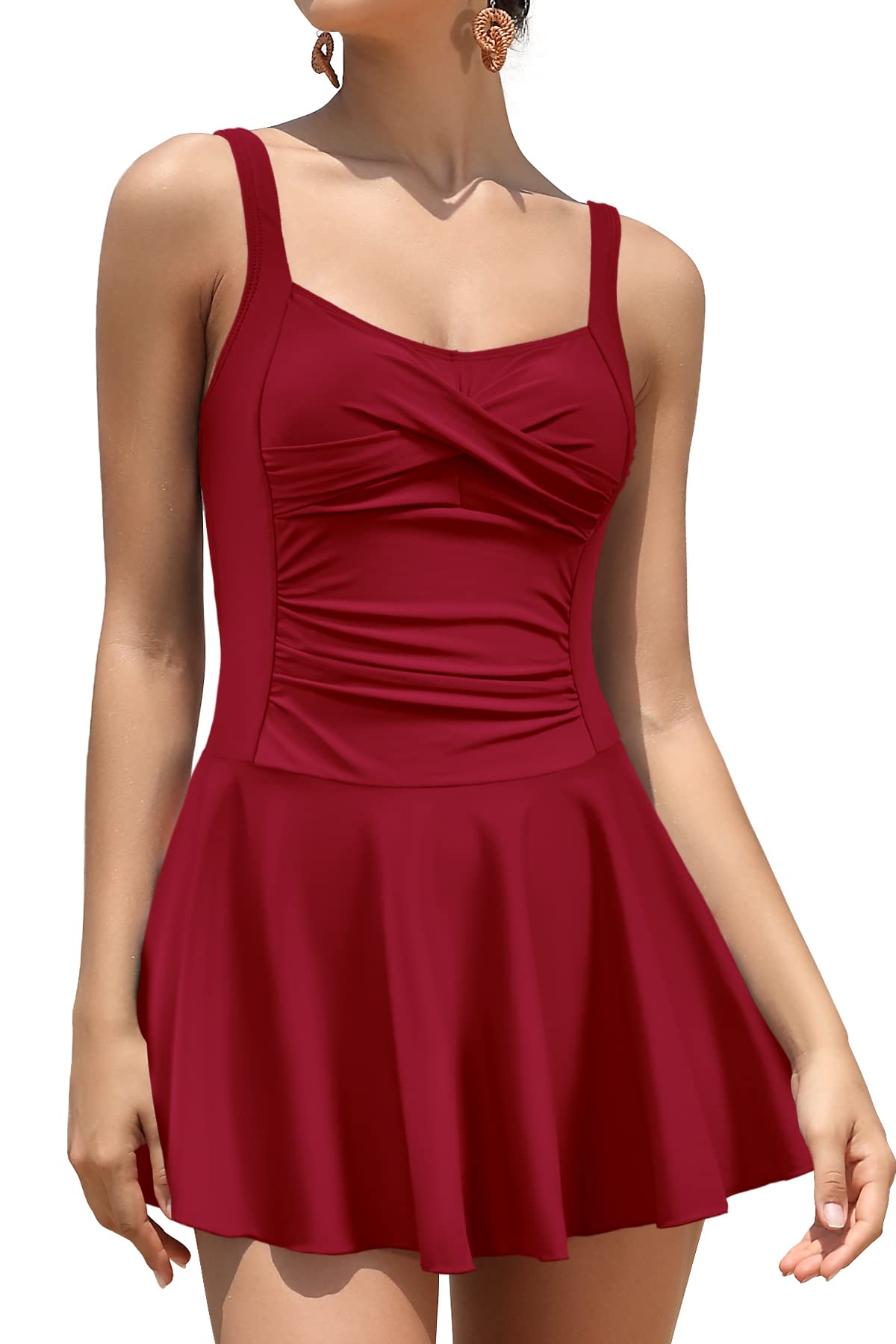 SHEKINI Costumi da Bagno Donna Un Pezzo Ruched Skirted Swimwear Regolabile Vintage Costume Intero Donna Mare Gonna da Spiaggia（L，Vino Rosso-c）