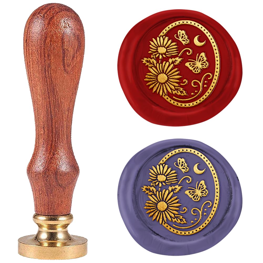 DELORIGIN 1" Daisy Butterfly Wax Seal Stamp Retro Sealing Stamps Removable Brass Head Seal Stamp with Wooden Handle Sealing Wax for Envelope Greeting Card Wedding Invitations Gift Wrapping Decor