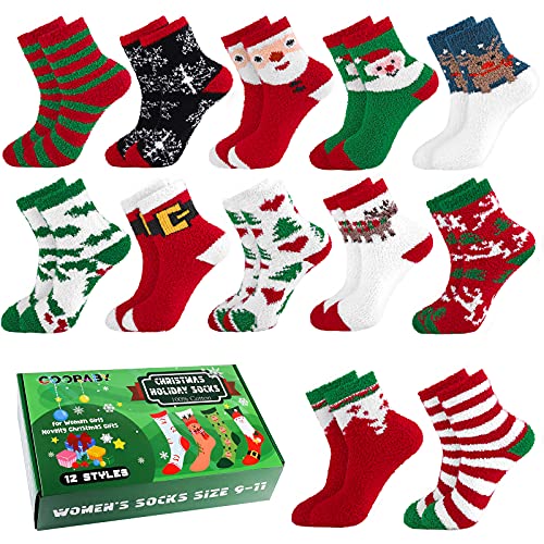Cooraby 12 Pairs Women's Christmas Socks Holiday Warm Cozy Soft Socks for Girls Women Christmas Gifts