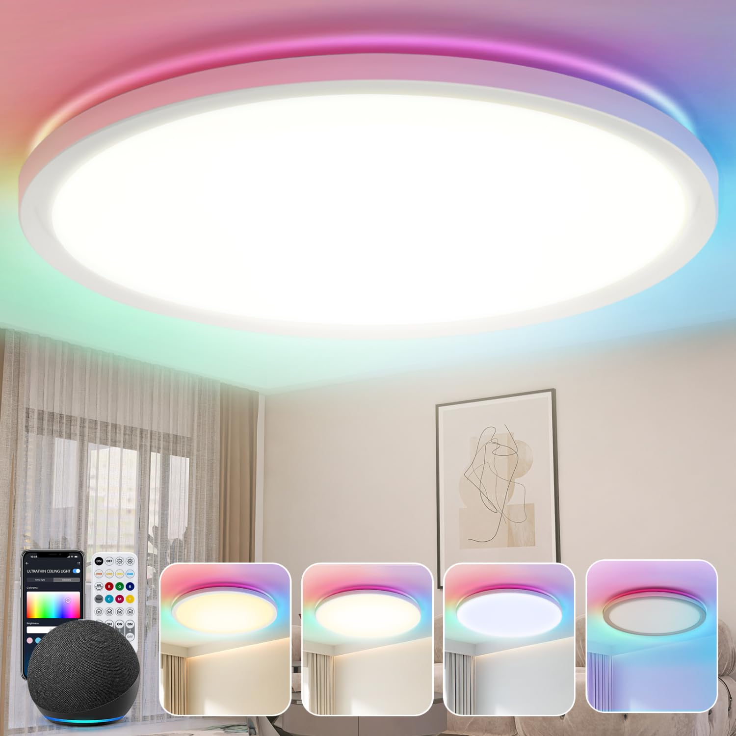 Aigostar Mesh - Lampara Techo Inteligente Delgada Bluetooth Mesh, Ø400mm, 36W, Lampara Techo Alexa, 3500LM, 3000K-6500K y RGB regulable, Plafon LED Techo para Dormitorio, Salon, Cocina