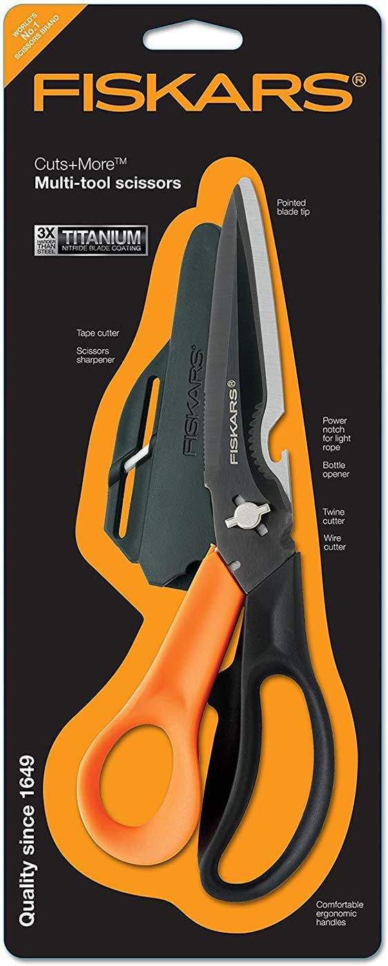 Fiskars Cuts + More Tijeras multifunción, Hoja de Acero Inoxidable/Mangos de plástico, Negro/Naranja, 3.0x30.5x12.0 cm