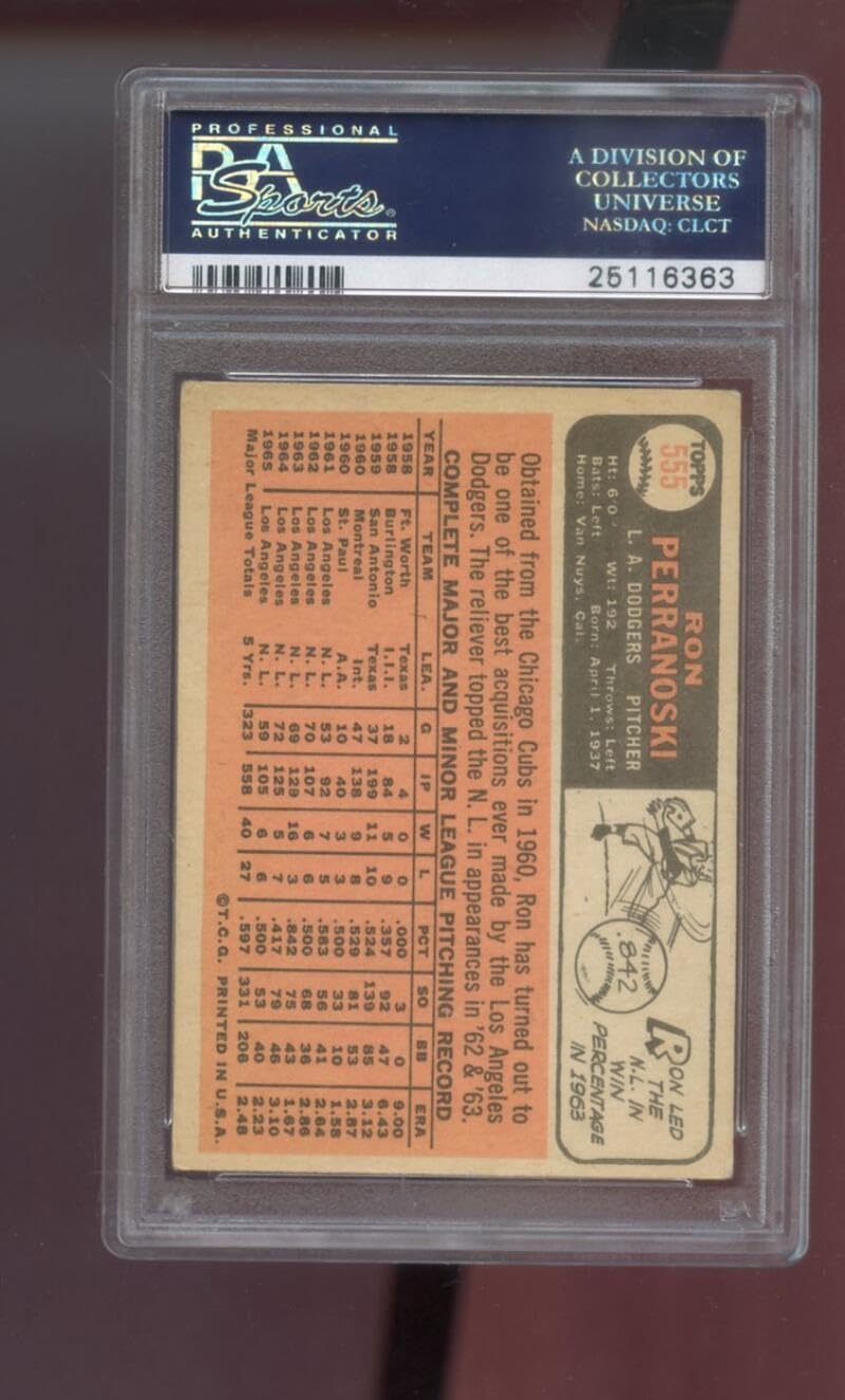 1966 Topps #555 Ron Perranoski PSA 4 Graded Baseball Card MLB Los Angeles Dodgers HIGH NUMBER SHORT PRINT SP HN