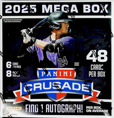 Panini 2025 Boys of Summer Crusade Baseball Factory Sealed Mega Box (8 Packs of 6 Cards) Find 1 Autograph Per Box on average. Loaded with top prospects and retired stars and hall of famers. Look for Iconic Crusade Inserts with exclusive Cracked Ice Parallels. Look for the ultra rare Knightcap Insert.