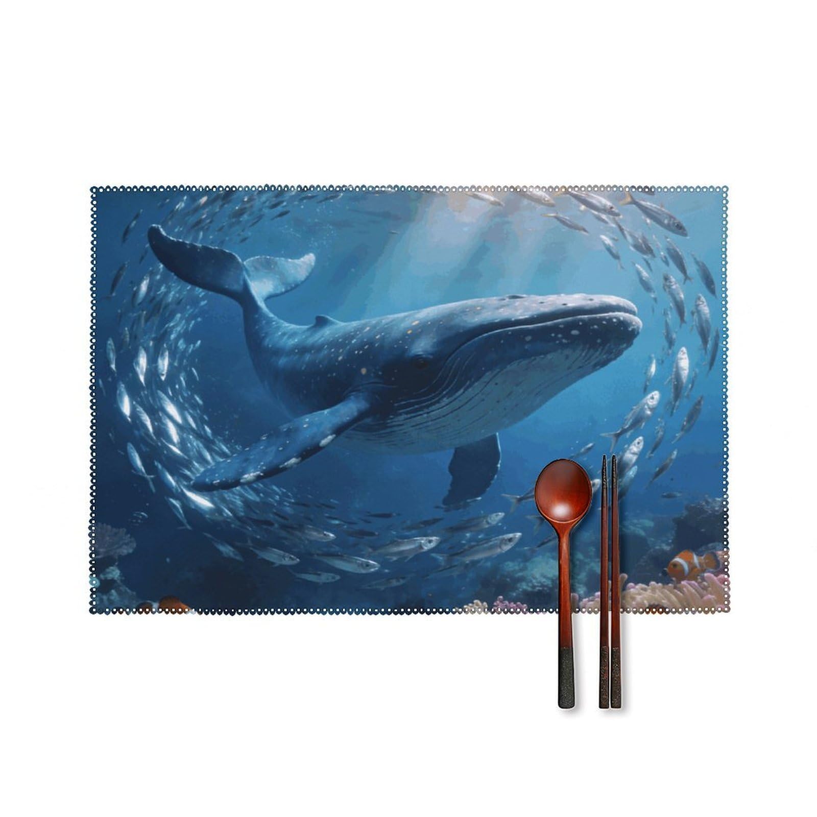 Ocean Themed Placemats Set of 6, 12x18 Inch Heat Resistant Washable Canvas Table Mats, Stain Resistant Decorative Dining Placemats for Kitchen, Restaurant, Outdoor Party