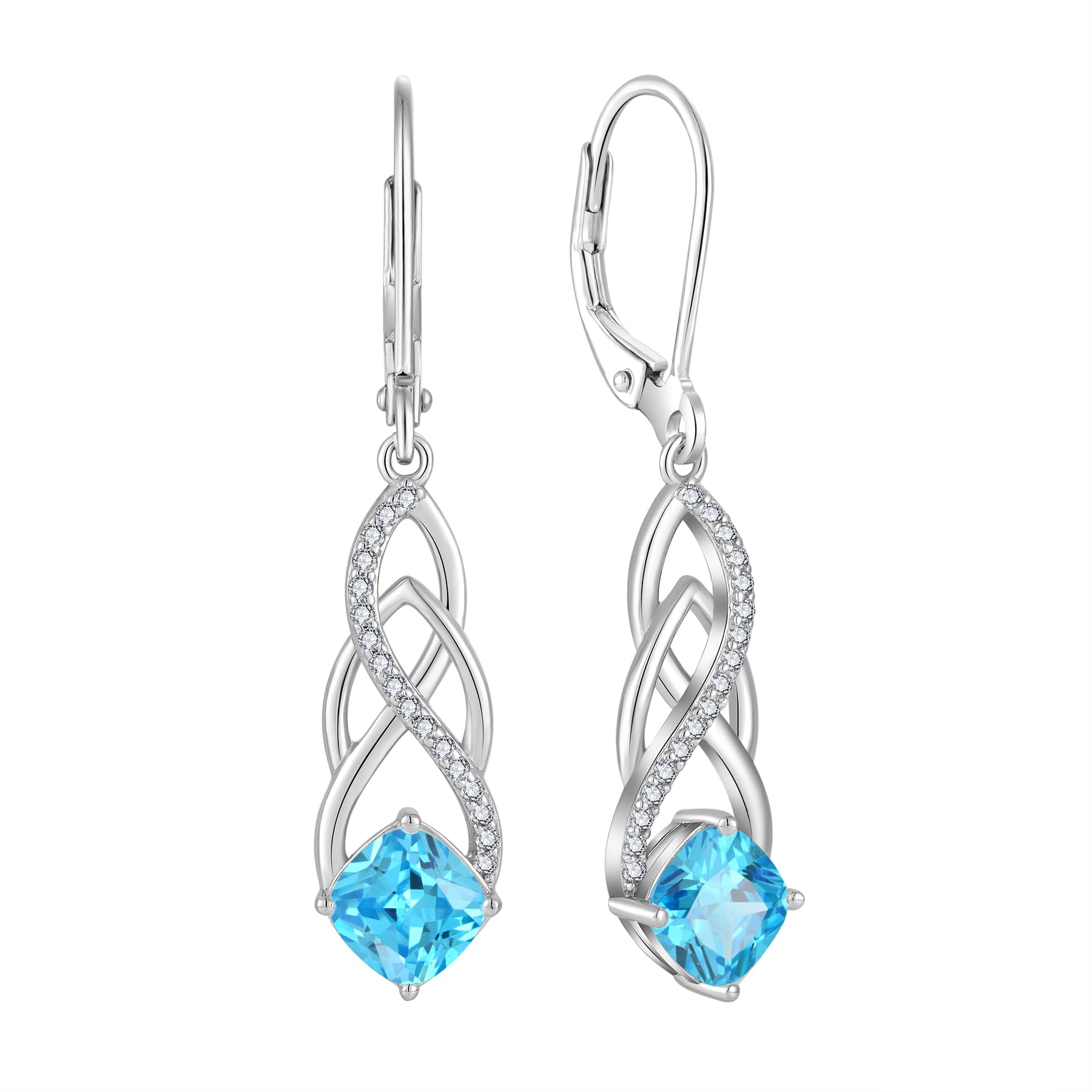 Blaniy Princess Cut Drop Dangle Earrings 925 Sterling Silver Celtic Knot Leverback Earrings Birthstone Infinity Jewelry Gifts for Women