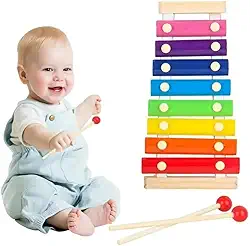 Xilofone Infantil de Madeira e Metal, 8 Notas Coloridas, Brinquedo Musical Educativo